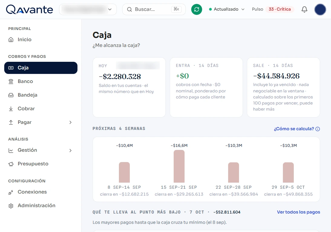 Módulo Caja de Qavante: saldo de hoy, lo que entra y sale en 14 días y proyección de las próximas 4 semanas